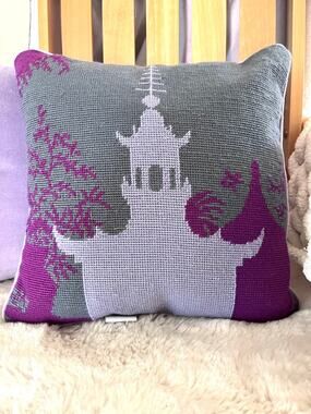 Johnathan Adler Happy Chic Purple Pagoda Needlepoint Accent Pillow Chinoiserie
